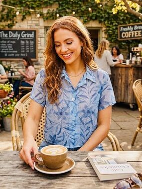 Vintage Blue Leaf-Print Button Front Shirt